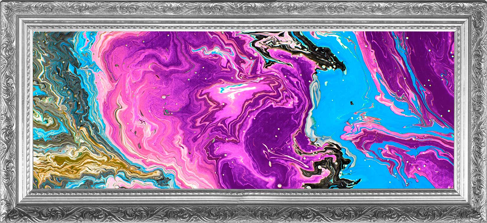 Abstract mural artwork featuring dynamic swirls of purple, blue, and gold, framed in ornate silver, representing the unique style of Dr. George Dagliyan.