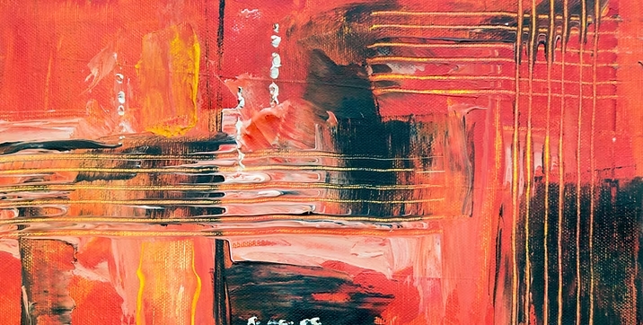 Abstract painting with bold red hues, layered textures, and dynamic lines, reflecting contemporary artistic themes showcased by Christian Korn at Art Acquisitions Ink.