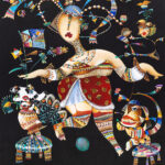 Colorful abstract artwork featuring a central figure adorned with intricate patterns, surrounded by whimsical animals and vibrant elements, reflecting the artistic spirit of Art Acquisitions Ink.