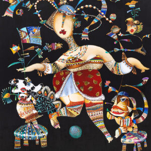 Colorful artwork featuring a stylized figure adorned with patterns, surrounded by animals and decorative elements, representing Dr. George Dagliyan's artistic style.