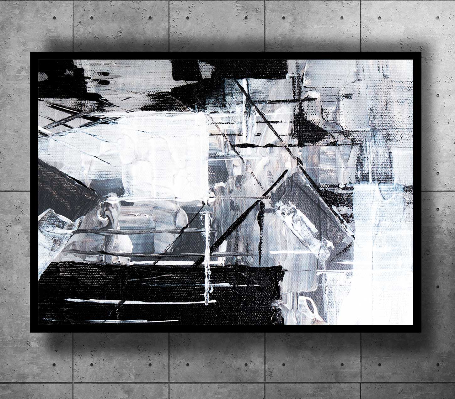 Abstract mural artwork by George Dagliyan, featuring dynamic black and white patterns, displayed against a textured concrete wall, representing the theme of authenticity in contemporary art.