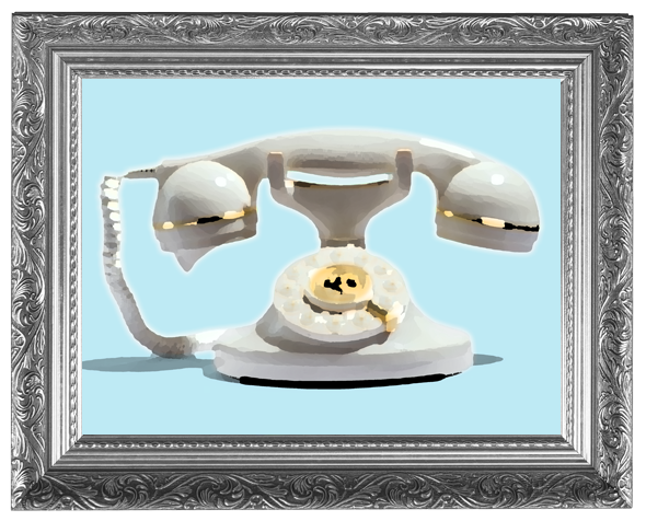 Vintage rotary phone artwork in ornate frame, showcasing George Dagliyan's artistic style and authenticity.