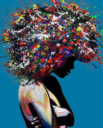 Colorful abstract silhouette of a person with vibrant, splattered hair against a blue background, representing creativity and artistic expression, relevant to Art Acquisitions Ink's focus on unique art pieces.