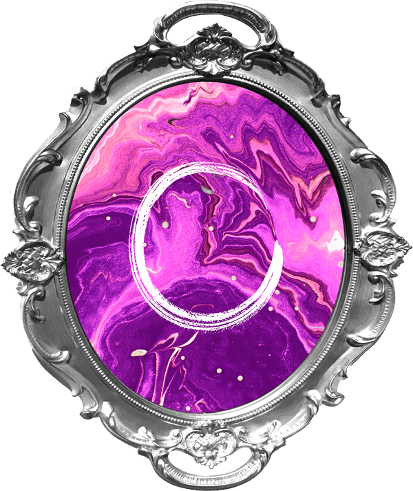 Mural artwork featuring vibrant purple abstract swirls in an ornate silver frame, representing the theme of authenticity in Dr. George Dagliyan's collection.