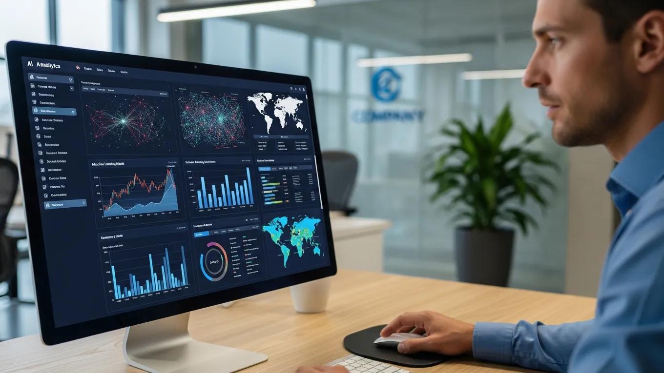 Business professional analyzing AI analytics on a computer screen in a modern office