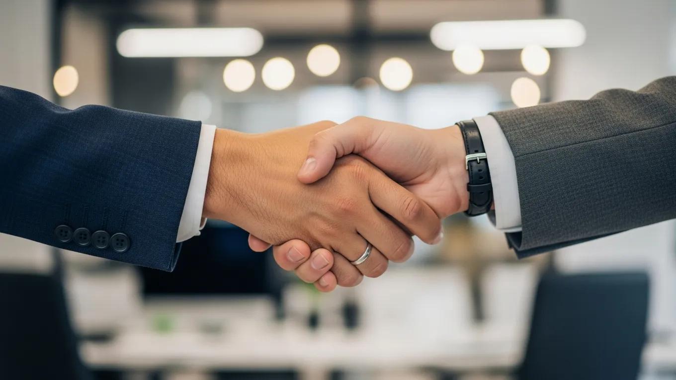 Business professionals shaking hands to symbolize trust in AI governance
