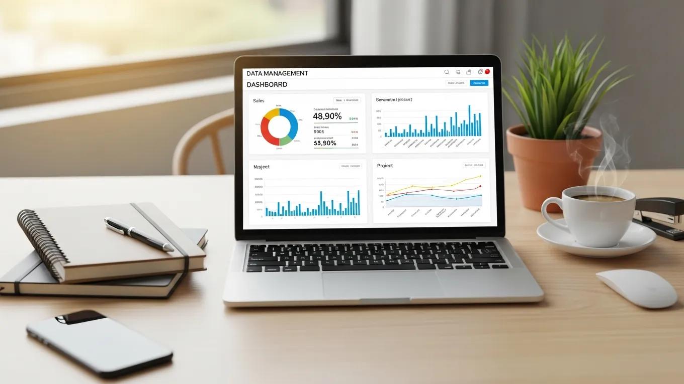Data management dashboard on a laptop in a productive workspace