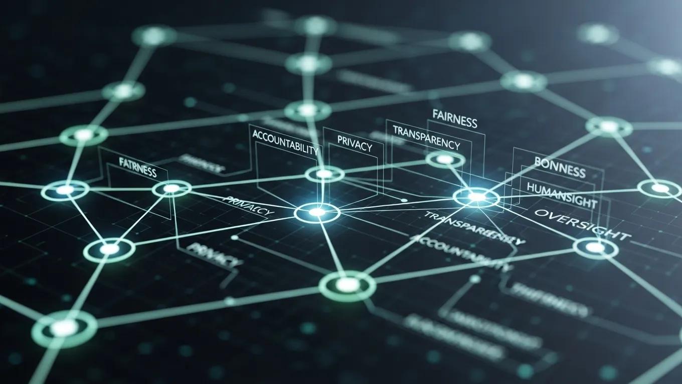 Abstract representation of AI governance principles with interconnected digital nodes