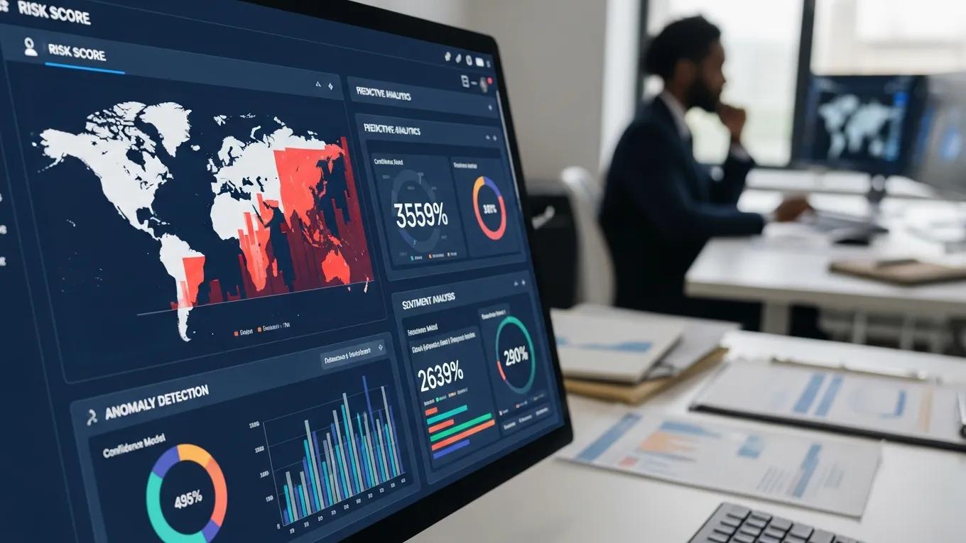 AI-driven analytics on a computer screen in a professional workspace for risk management