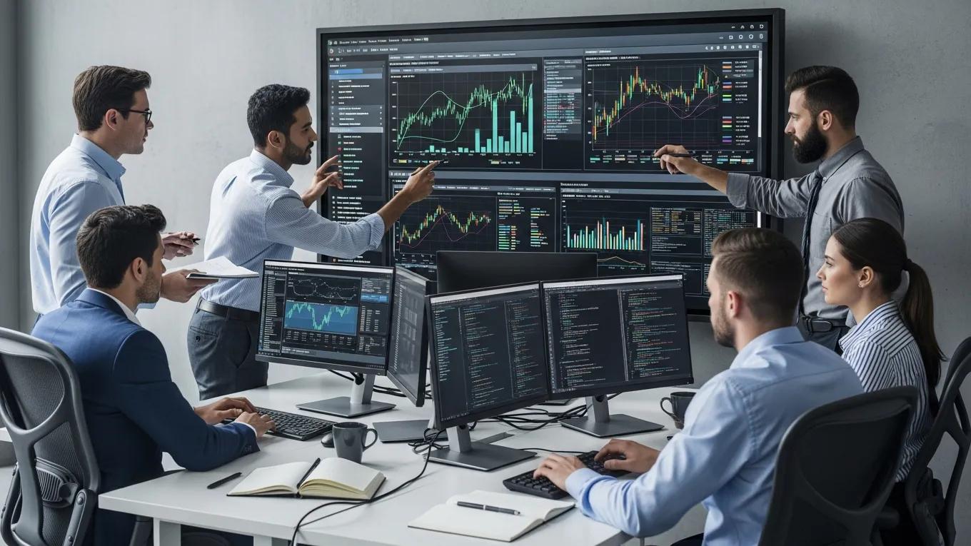 Analysts evaluating scenario analysis techniques in a high-tech workspace