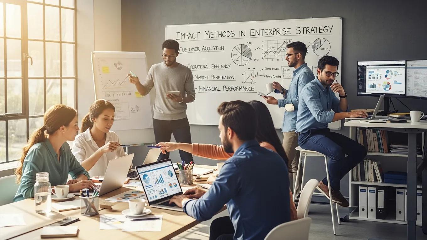 Analysts reviewing data and impact evaluation methods in a collaborative workspace