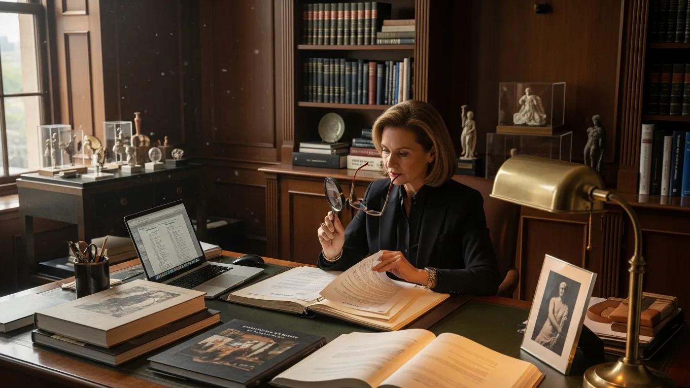 Art collector reviewing legal documents and provenance papers in a well-organized office, emphasizing ethical compliance