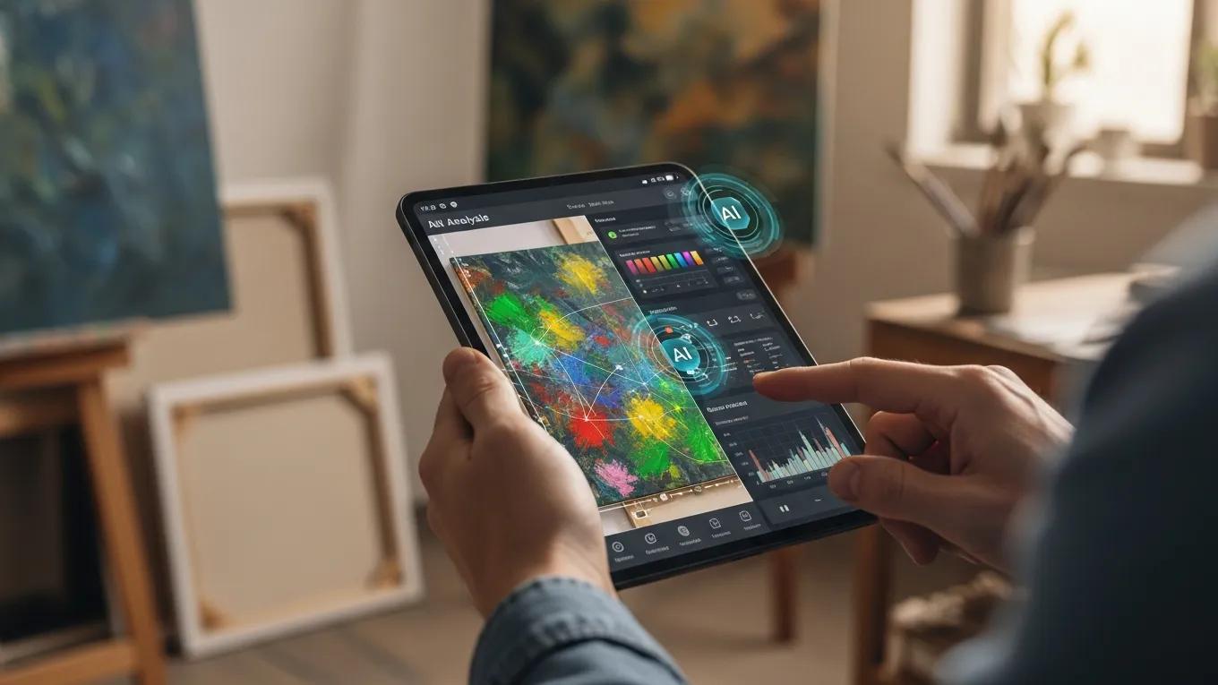 Art collector using AI technology on a tablet to verify the authenticity of an artwork
