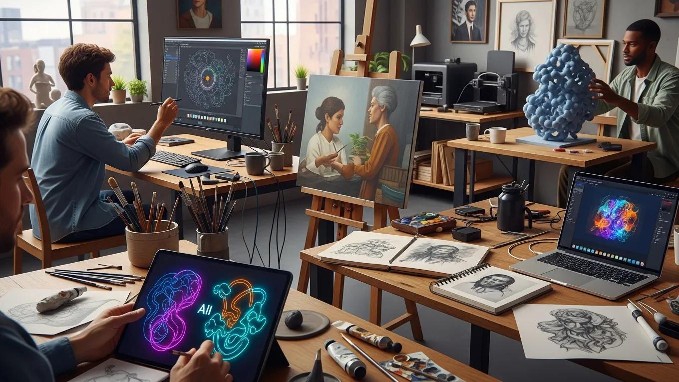 Artists utilizing AI tools in a creative studio, illustrating the impact of technology on art