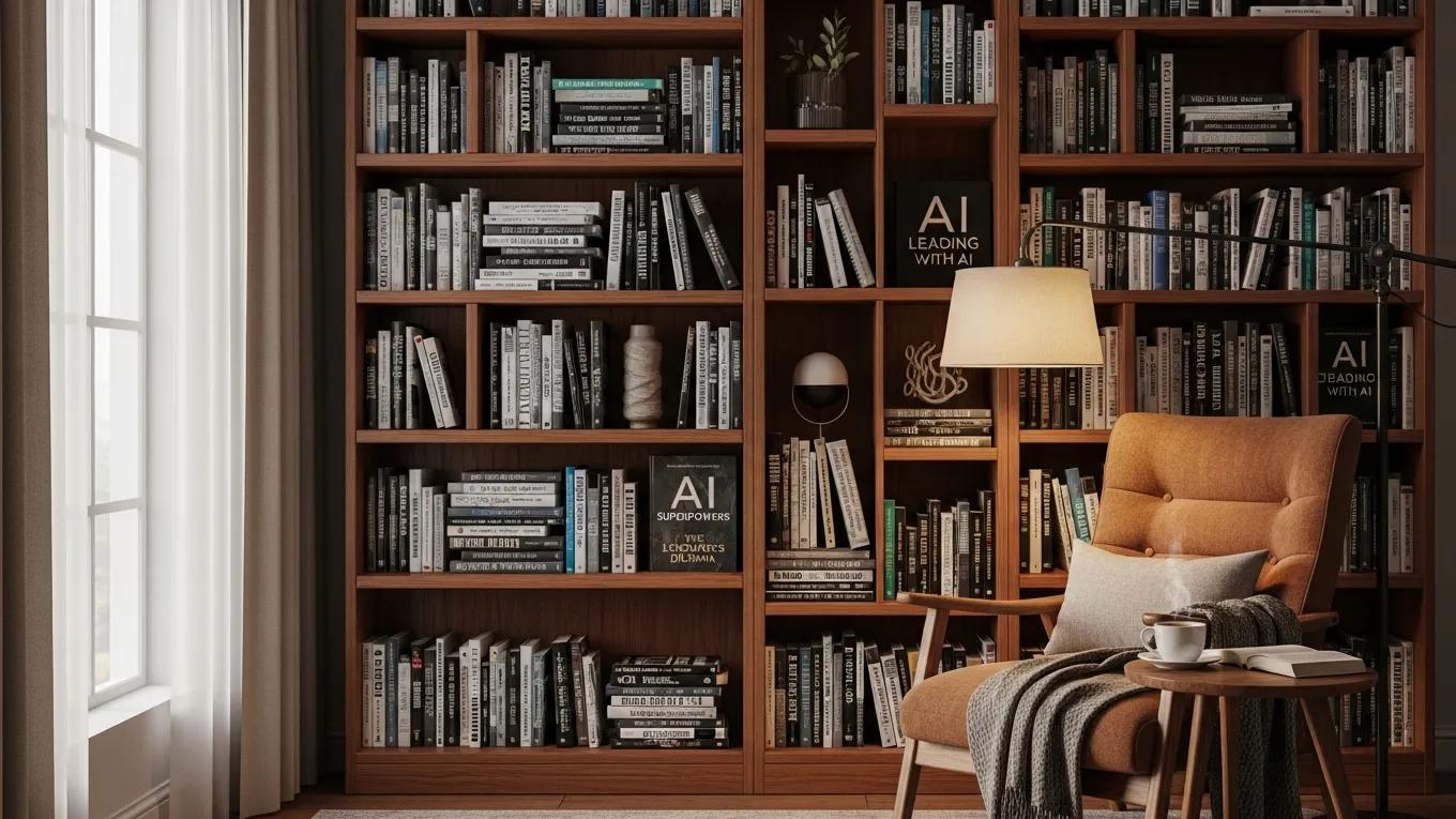 Books on AI strategy and leadership development in a cozy reading nook