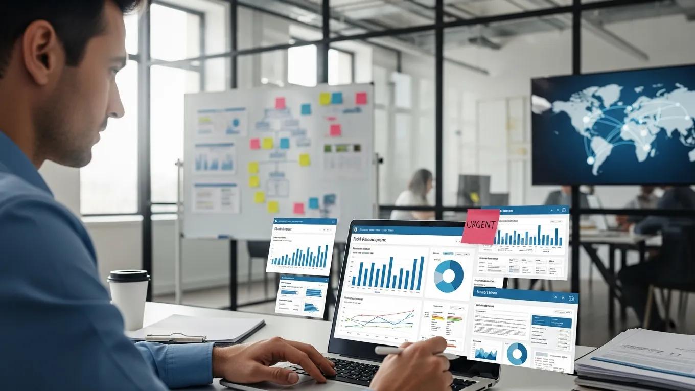 Business analyst reviewing risk management reports for vendor evaluation in a modern office