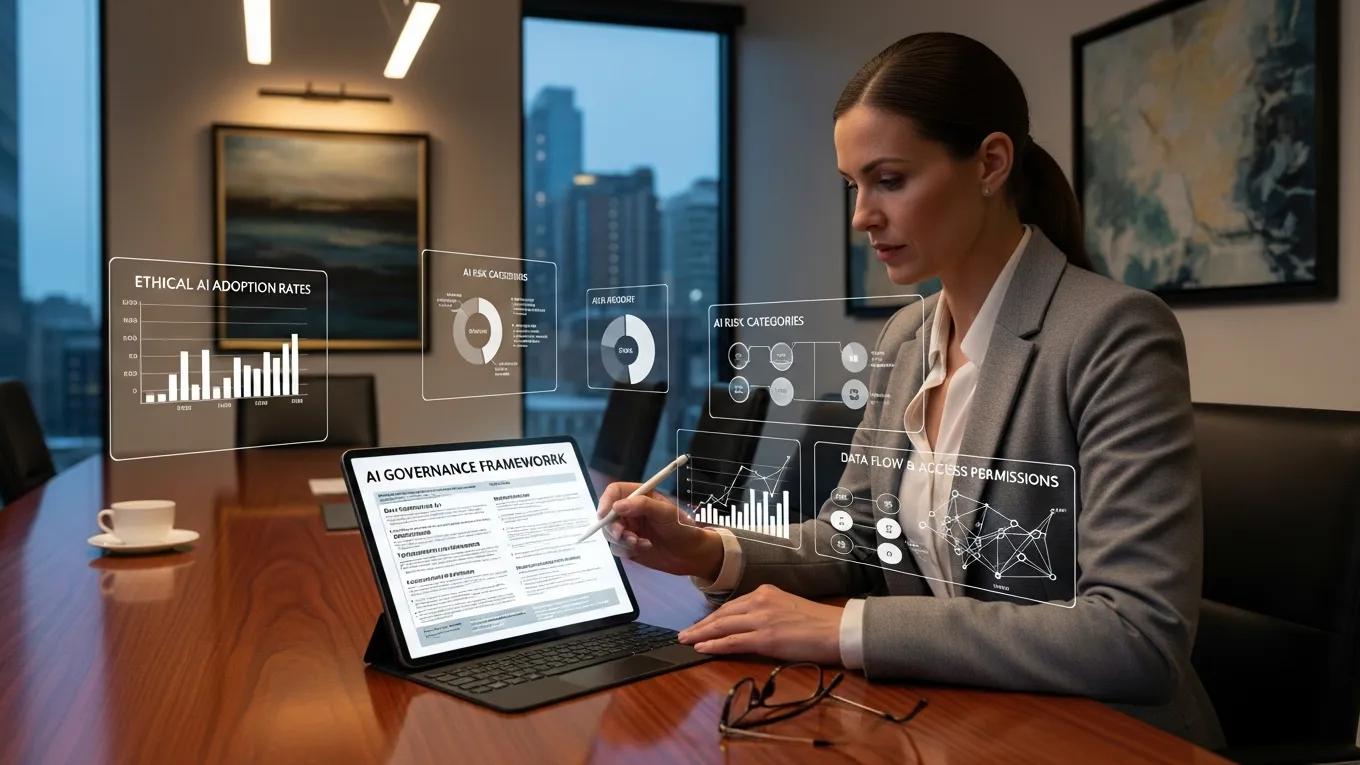 Business leader analyzing AI governance frameworks in a professional office setting