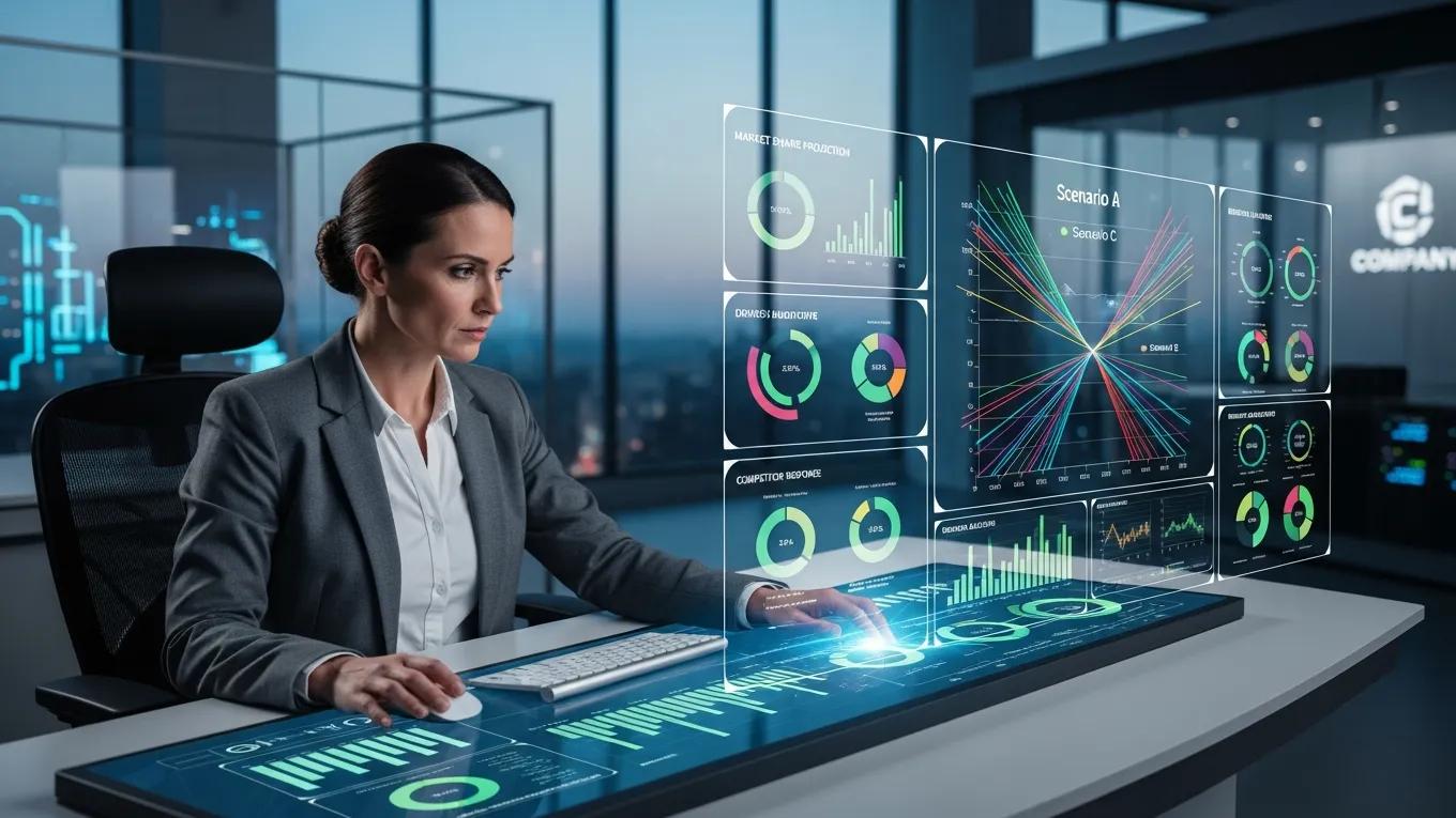 Business leader analyzing scenario charts for strategic decision-making
