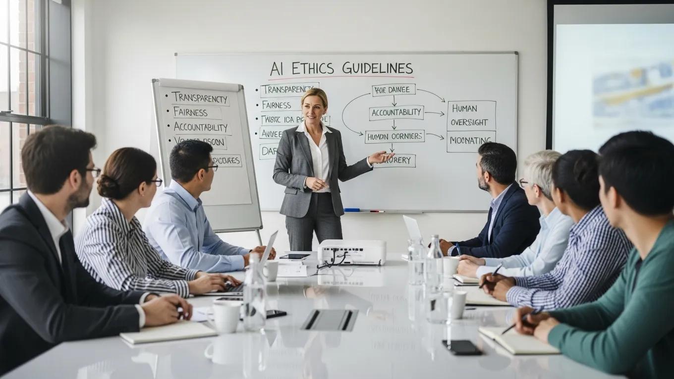 Business leader presenting AI ethics guidelines in a corporate conference room
