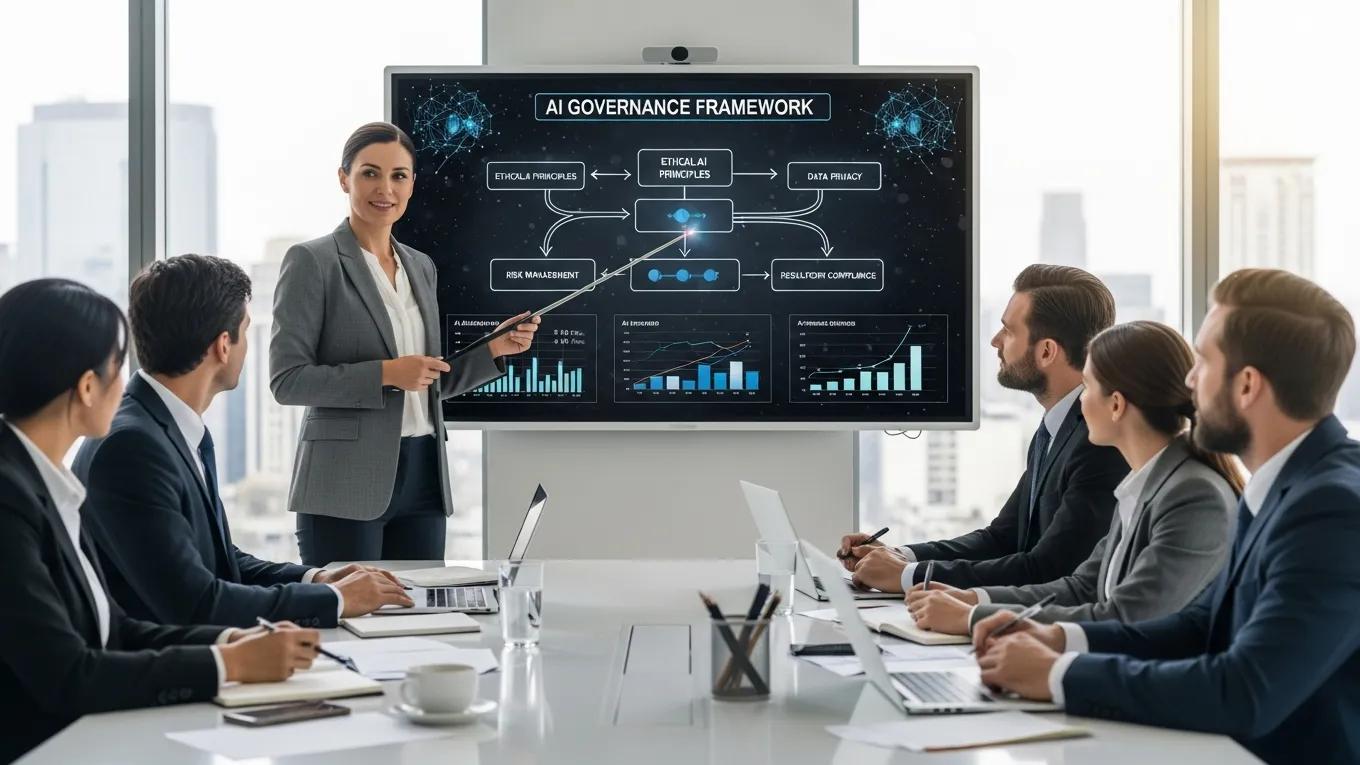 Business leader presenting AI governance framework to a team in a conference room