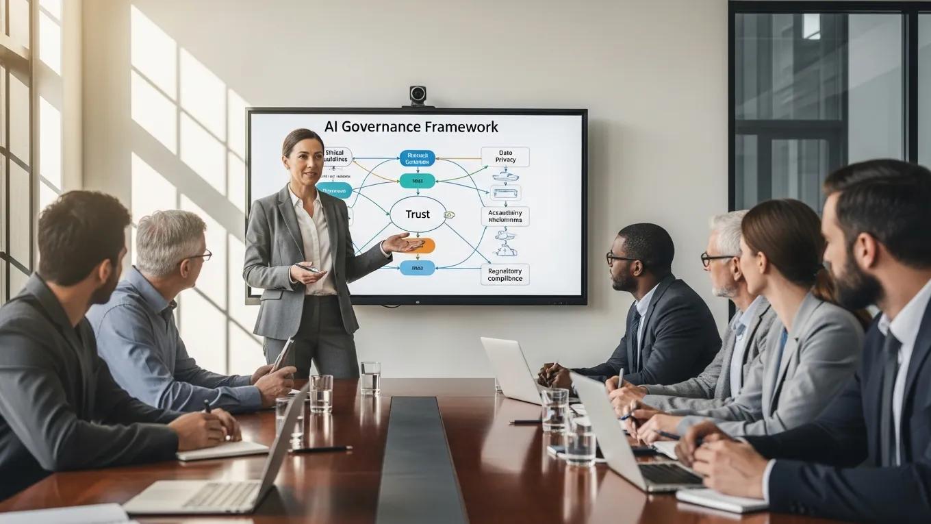 Business leader presenting AI governance framework to stakeholders