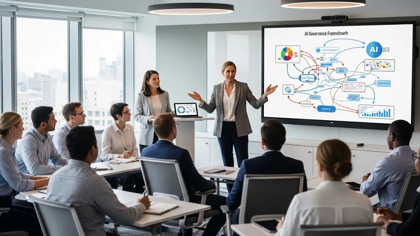 Business leader presenting AI governance frameworks in a modern office to engaged employees, with visual aids illustrating performance metrics and trust evaluation strategies.