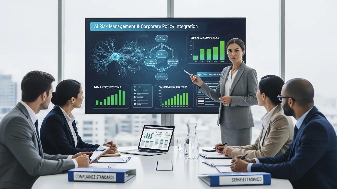 Business leader presenting AI risk management strategies to colleagues in a modern office