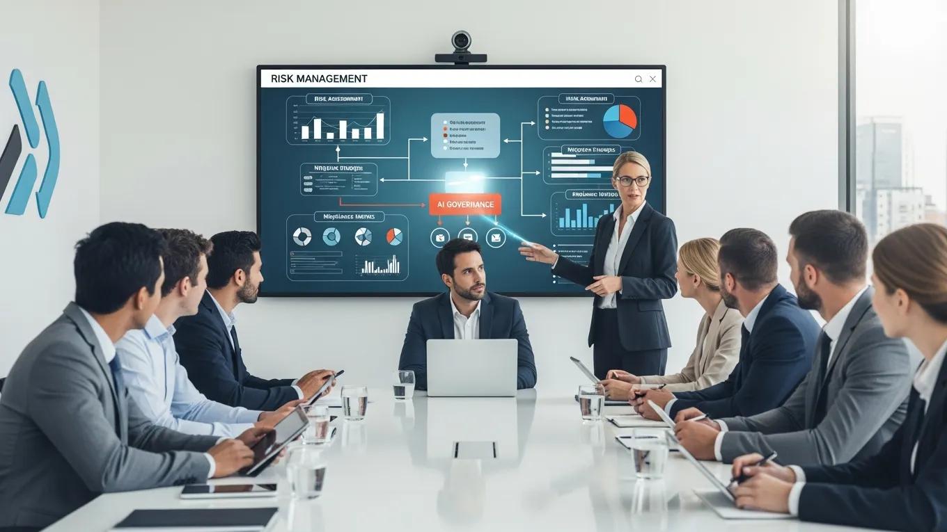 Business leader presenting risk management framework to employees, emphasizing AI governance in digital transformation