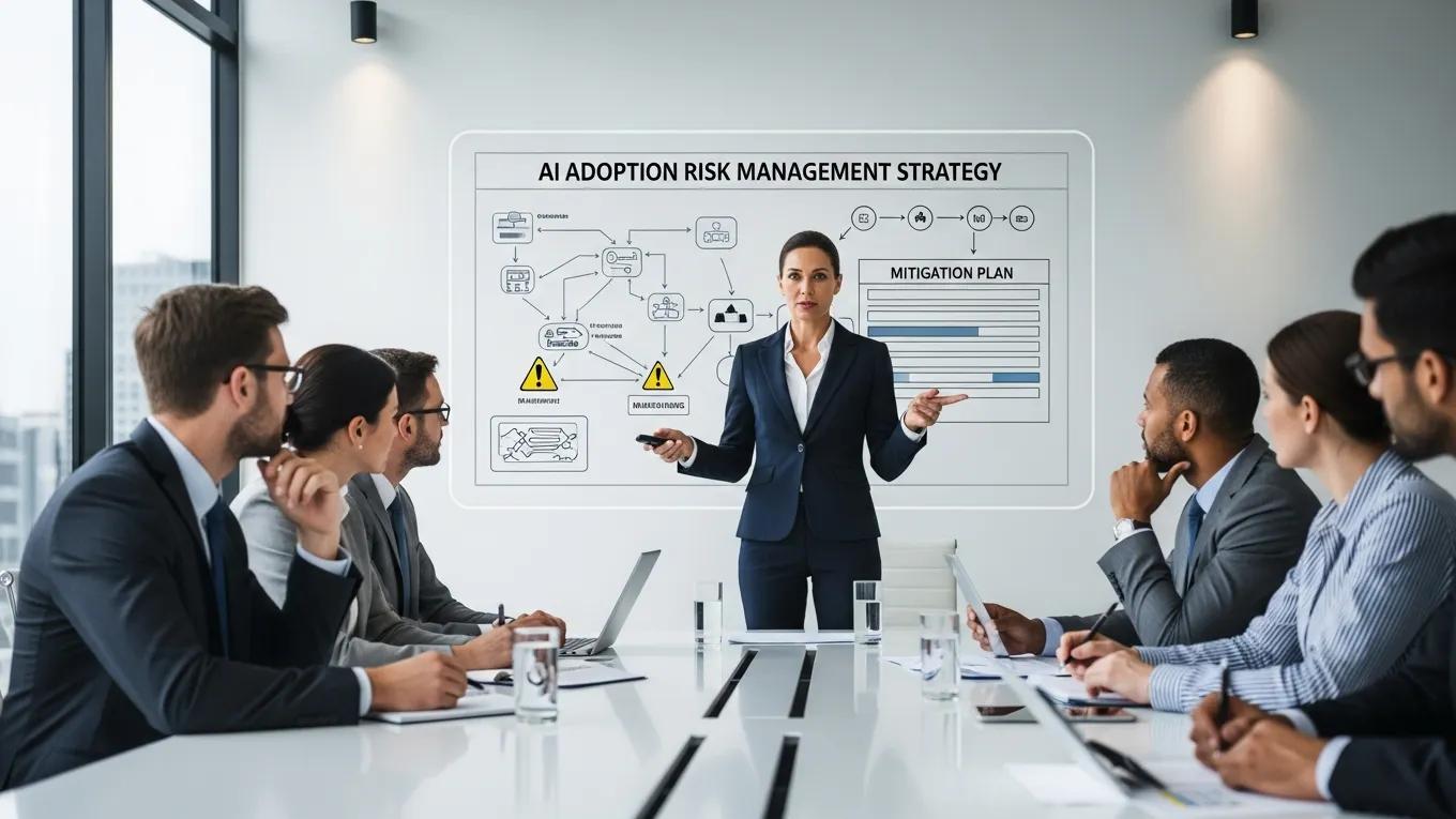Business leader presenting risk management strategies for AI adoption