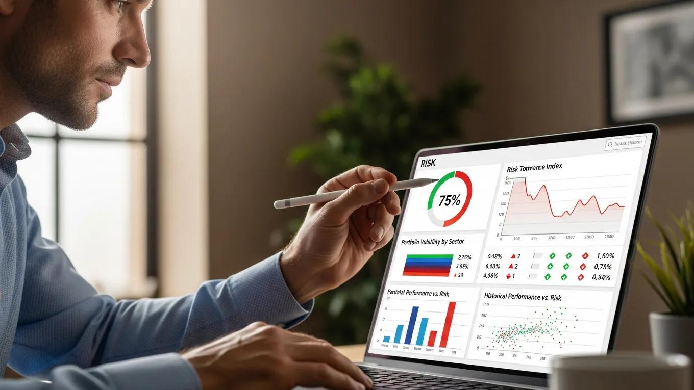 Business professional analyzing risk metrics on a laptop in an office