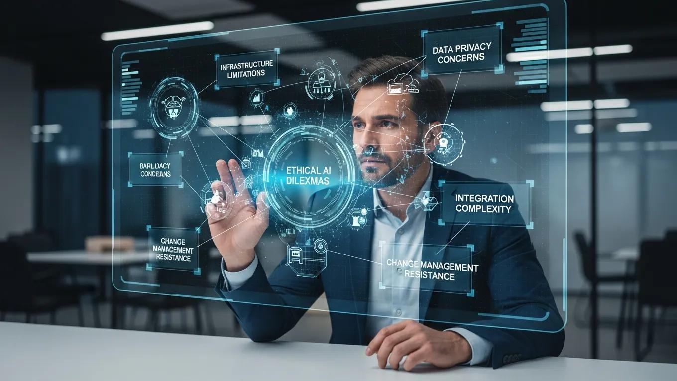 Business professional interacting with a holographic interface displaying challenges in AI adoption, including ethical dilemmas, infrastructure limitations, data privacy concerns, and change management resistance.