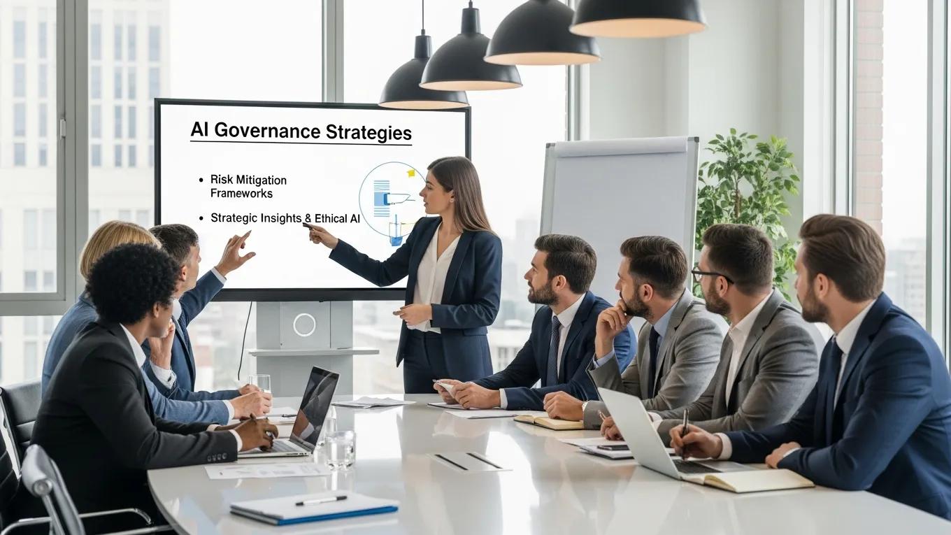 Business professionals collaborating on AI governance strategies in a conference room, discussing risk mitigation frameworks and ethical AI insights, with a presentation screen displaying key points.