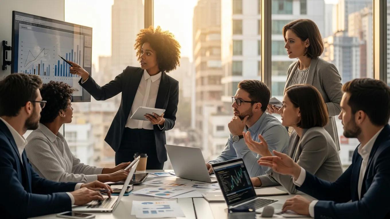 Business professionals discussing AI funding strategies in a modern office, analyzing data on a screen, with charts and graphs visible.