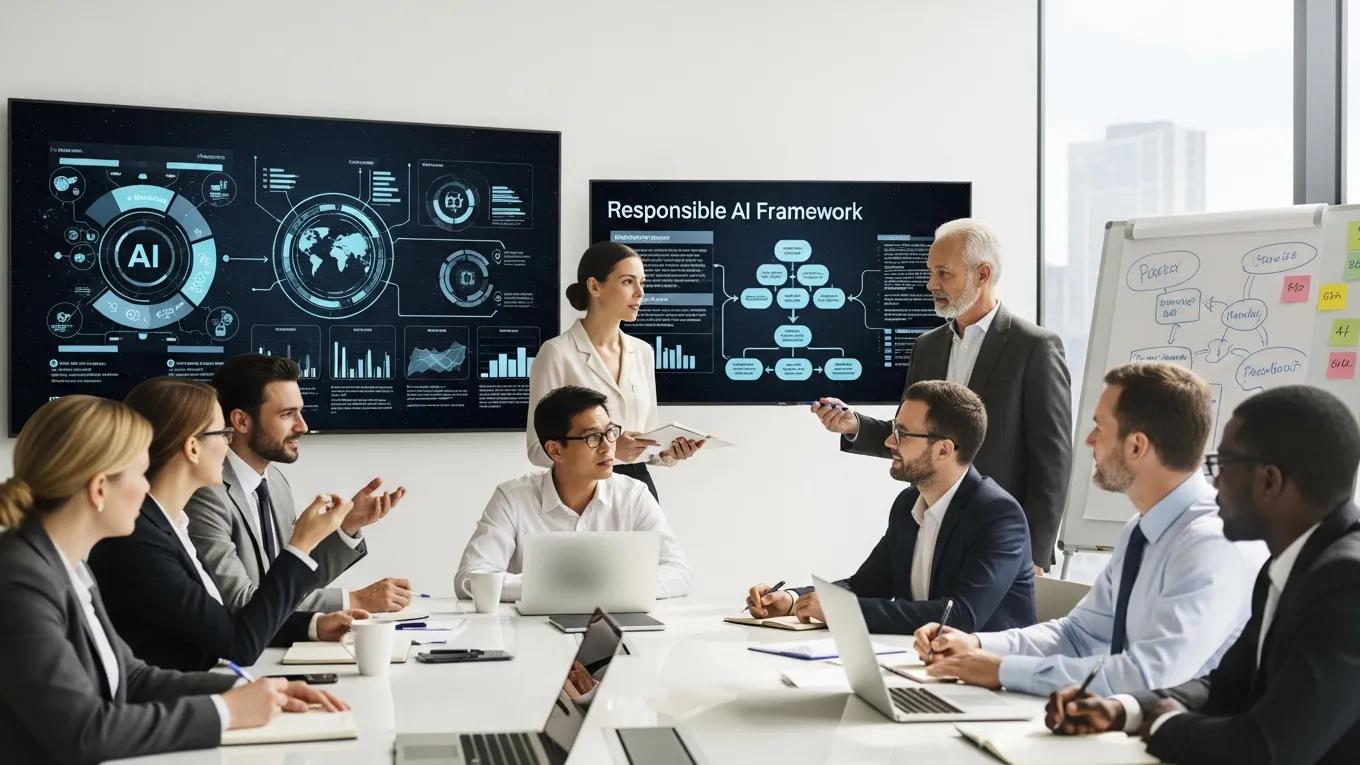 Business professionals discussing AI governance in a conference room