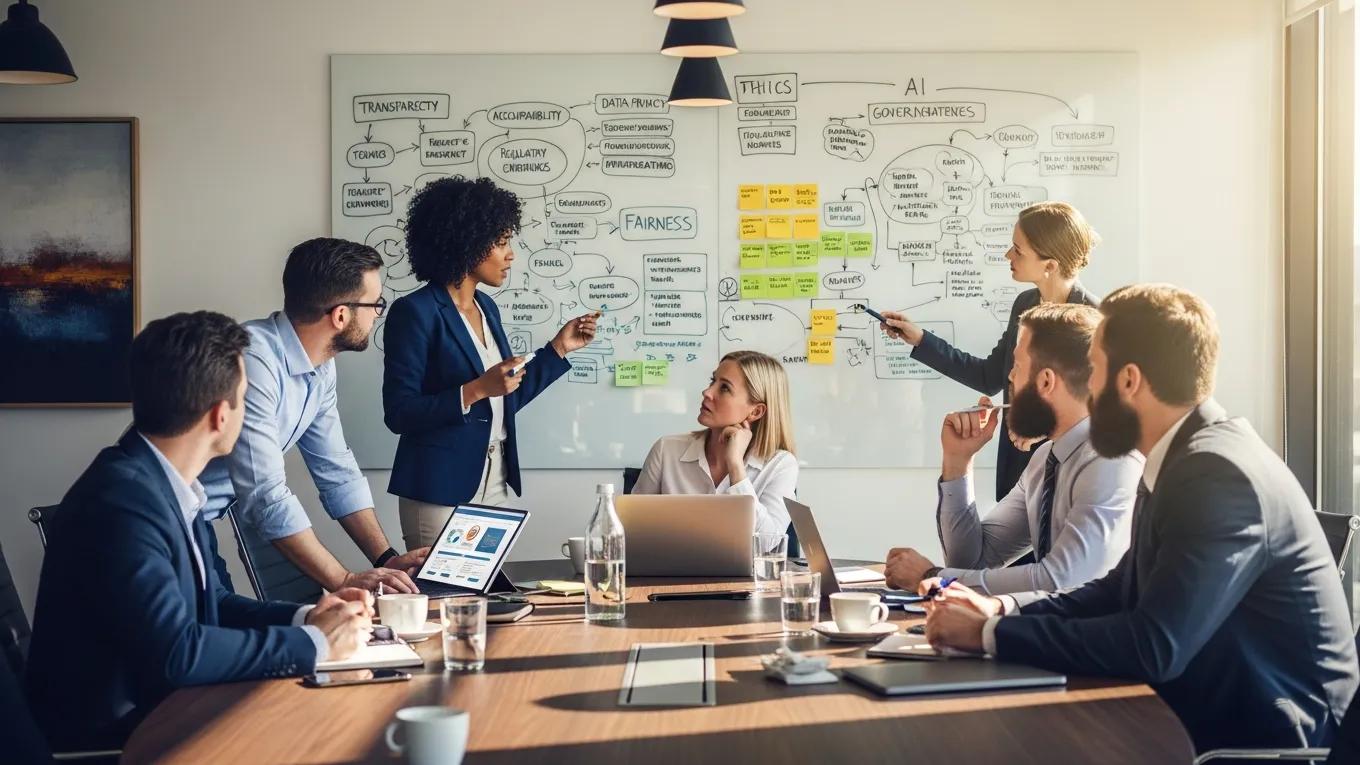 Business team discussing AI governance strategies in a meeting, emphasizing collaboration and strategic planning