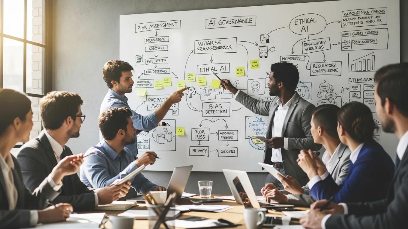 Business team discussing AI governance and risk management strategies in a meeting, with a whiteboard displaying concepts like ethical AI, bias detection, and regulatory compliance.