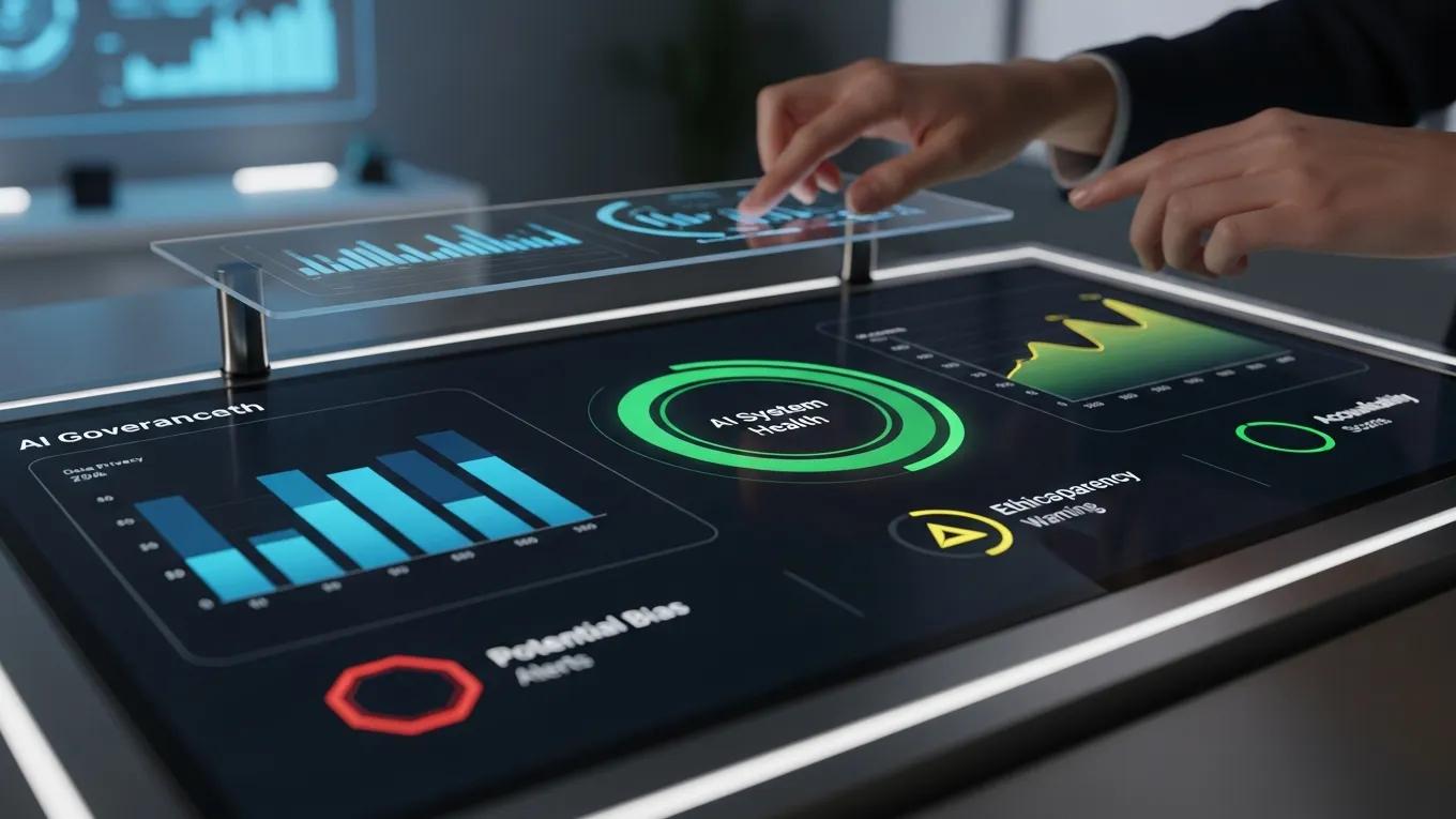 Close-up of a digital dashboard displaying AI governance metrics in a modern workspace