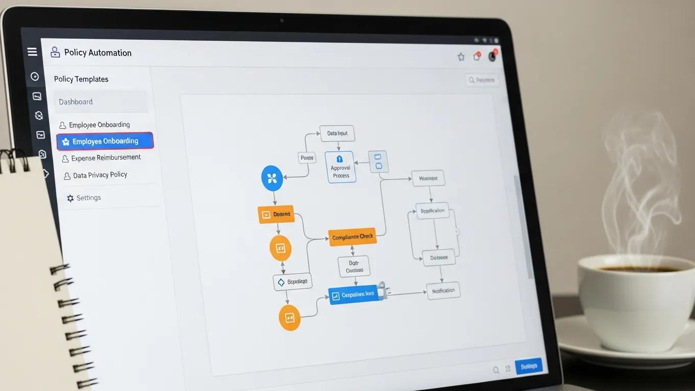 Close-up of policy automation software interface in a professional workspace
