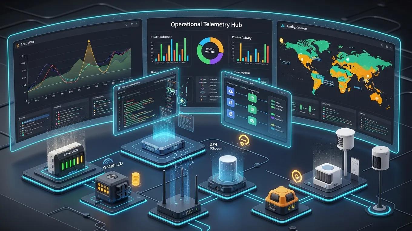 Operational telemetry hub showcasing data visualization, IoT devices, analytics tools, and metrics for predictive reliability and risk monitoring in enterprise systems.
