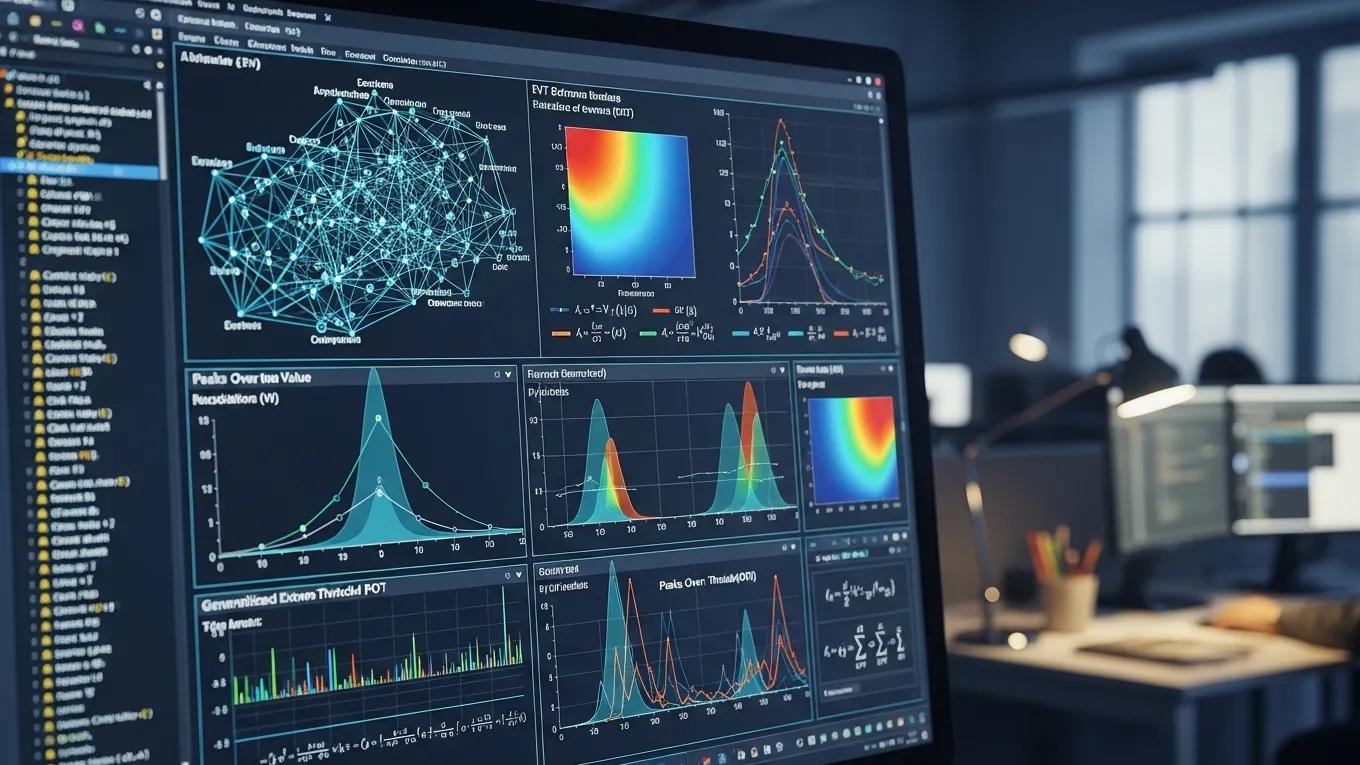 Computer screen displaying statistical models for extreme value theory