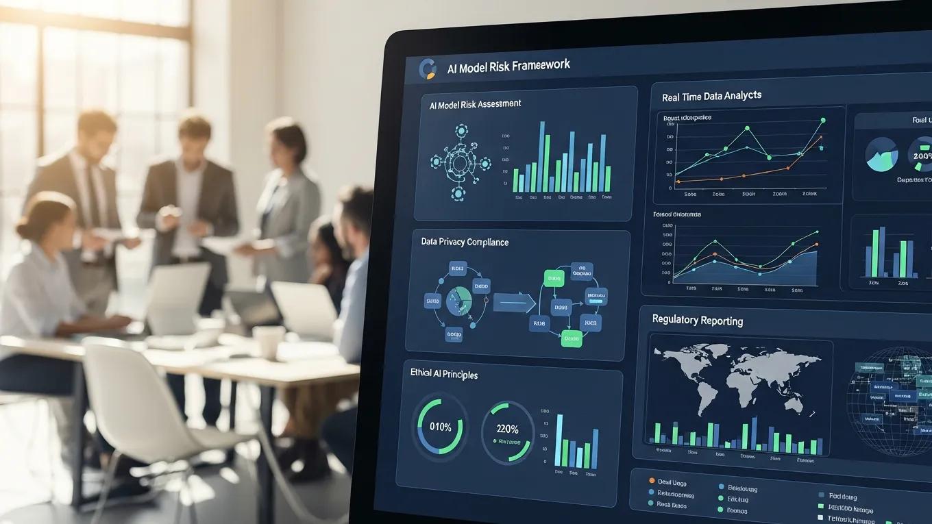 Computer screen showcasing AI governance frameworks with a team collaborating in the background