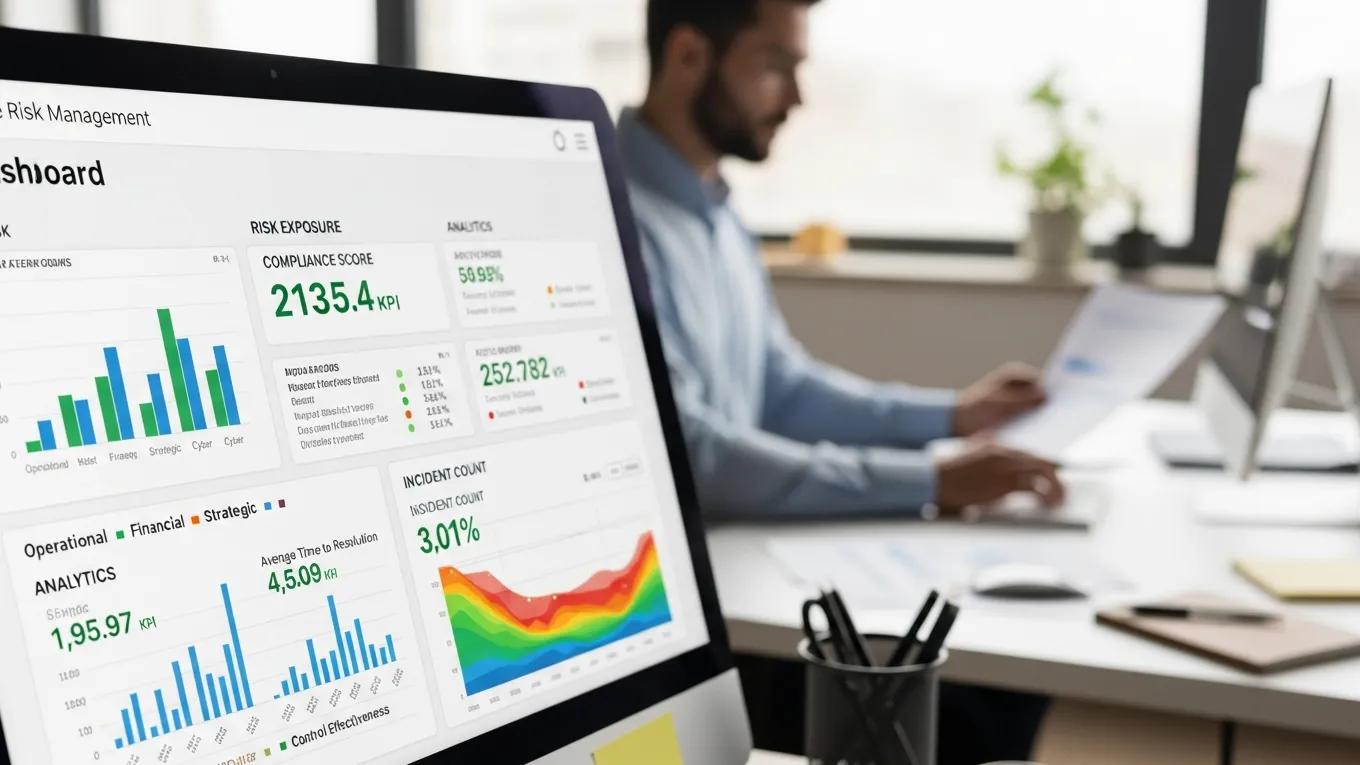 Computer screen showing enterprise risk management dashboard with analytics