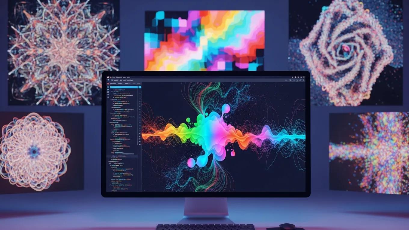 Computer screen displaying generative art algorithms with vibrant, abstract AI-created artworks in the background, illustrating the integration of AI in contemporary artistic practices.