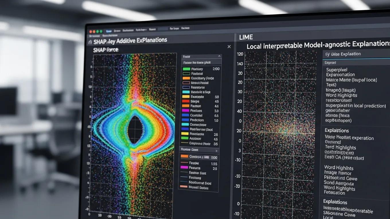 Computer screen visualizing SHAP and LIME techniques for AI model interpretability
