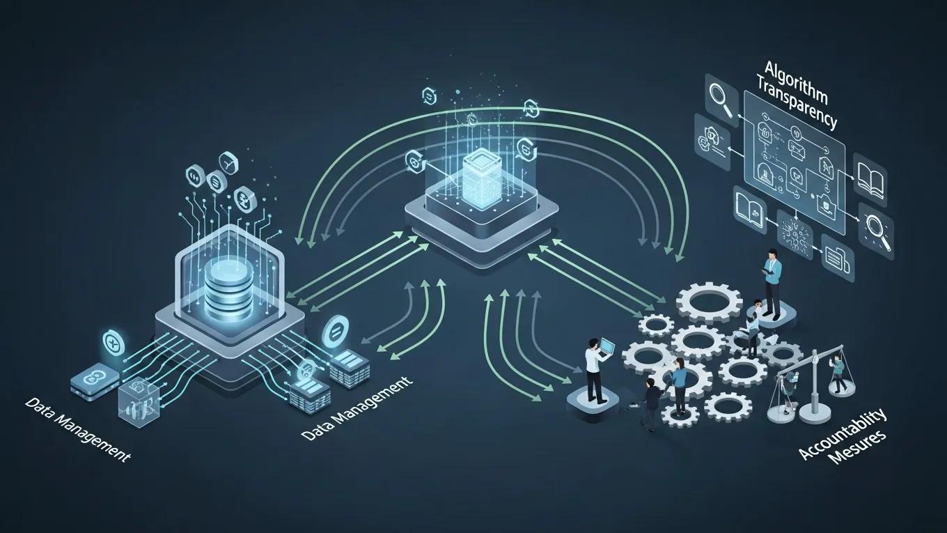 Conceptual diagram of AI compliance frameworks highlighting data management and transparency