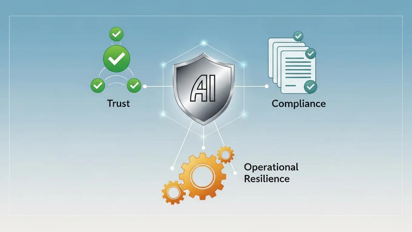 AI governance framework illustration highlighting trust, compliance, and operational resilience with checkmarks and gears, emphasizing risk management in AI technologies.