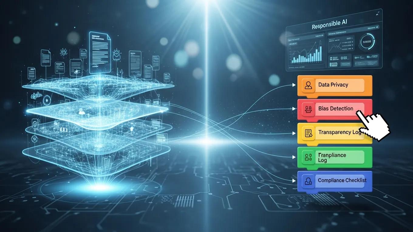 Conceptual image of AI governance frameworks integrated with no-code template builders