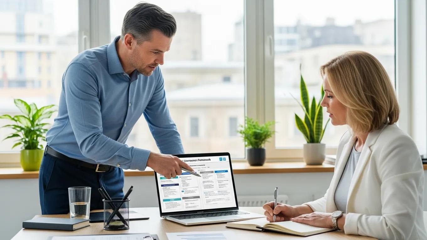 Consultant explaining a governance framework template to a client in a modern office