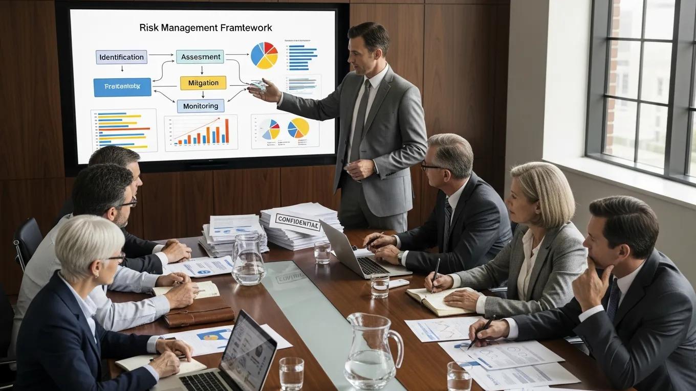 Consultant presenting AI risk management framework to executives in a boardroom