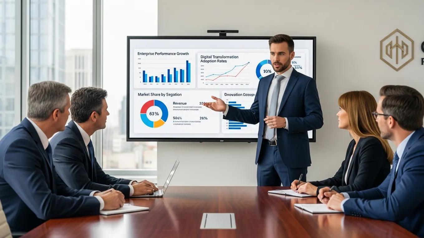 Consultant presenting data-driven insights on enterprise performance growth and digital transformation adoption rates to executives in a boardroom.
